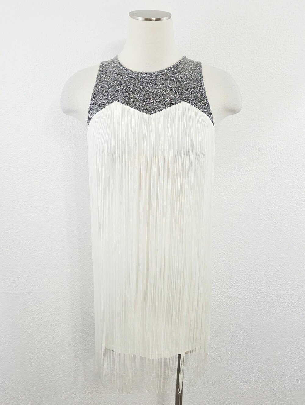 Mustard Seed fringe mini dress white metallic silver sleeveless women's small S